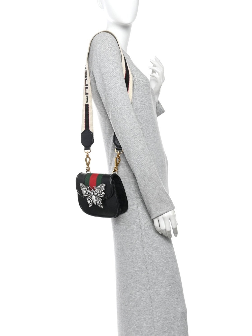 Gucci Black Totem Leather Bag with Embellished Buttetfly and Webbing Strap